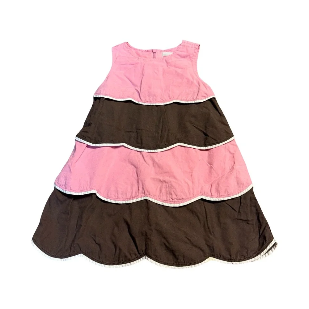 Gymboree Girls 2T Pink Brown Tiered Scalloped Sleeveless Cotton Dress 2008 Vtg